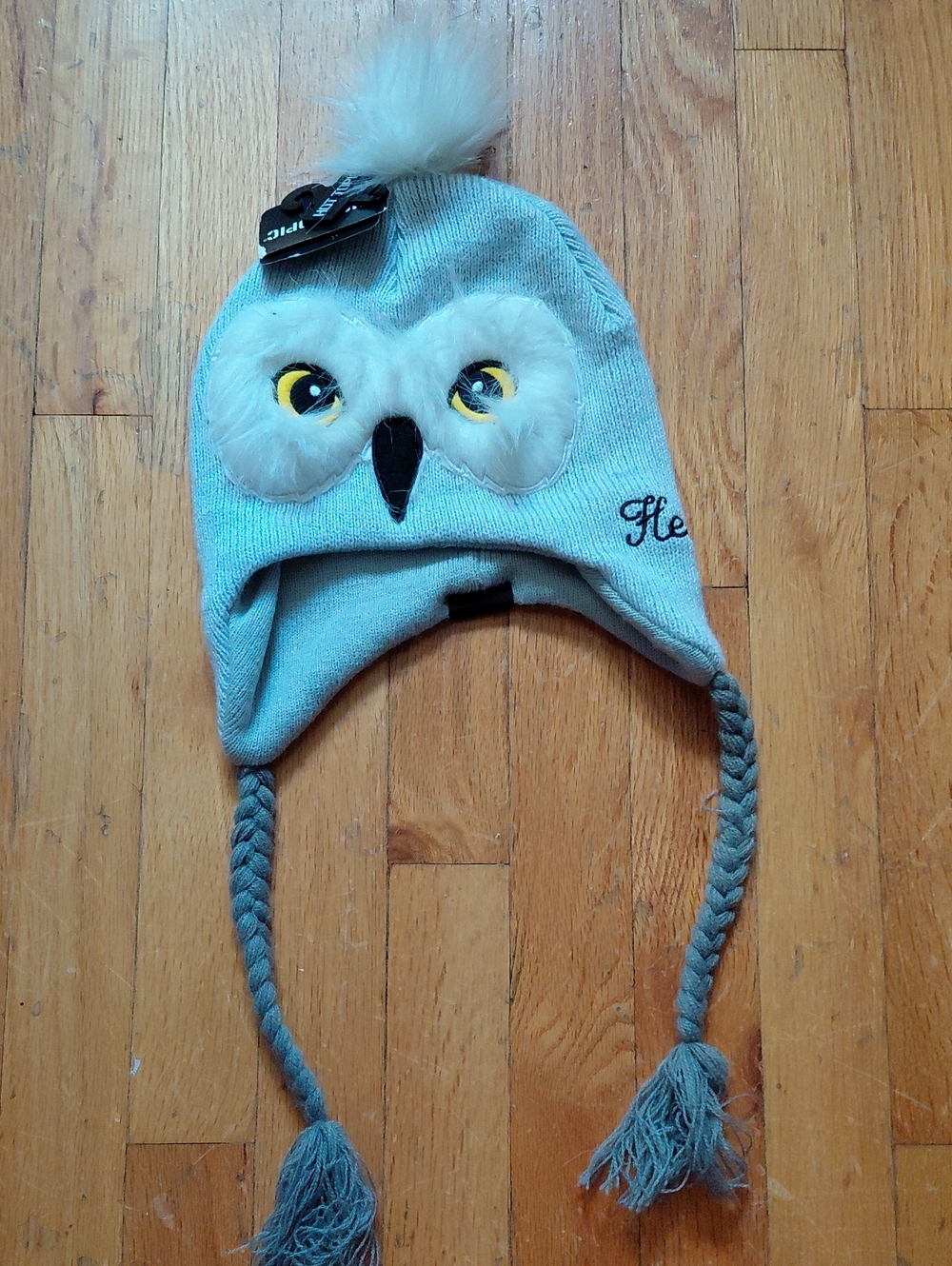 Kids Light Grey Owl Pom-Pom Winter Hat with Earflaps